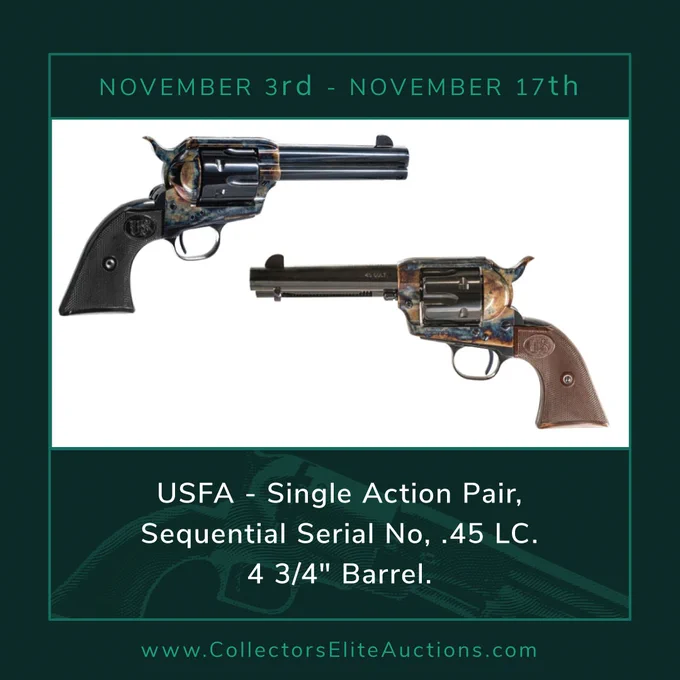November Collection is LIVE and features this USFA - Single Action Pair, Sequential Serial No, .45 LC. 4 3/4" Barrel: https://bit.ly/3VtVBbw

#SingleAction #45LC #CollectorsEliteAuctions #WheelgunWednesday
 