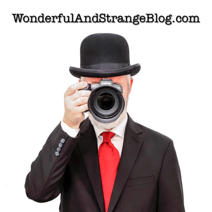 Man in black suit, red tie and bowler hat holding a camera to his face