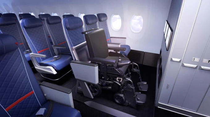 Image of Delta Airlines design for a wheelchair accessible spot on planes with the wheelchair on the asile towards the front of the plane.