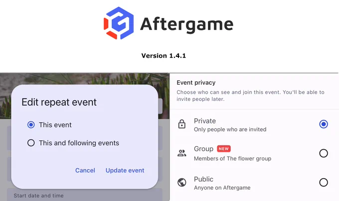 Release image for Version 1.4.1 - Pieces of screenshots showing what some updates look like. One image on the left shows that you can now choose between editing this event or this and all following events. The image on the right shows that there is a new privacy setting when creating an event or planning a game to make your game or event visible only to group members when posting from a group.