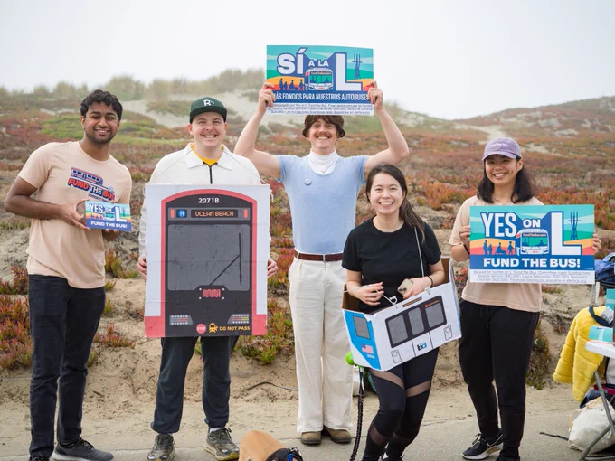 5 volunteers at Ocean Beach holding Yes on L signs, two dressed as a Muni train and a Bart train for Halloween