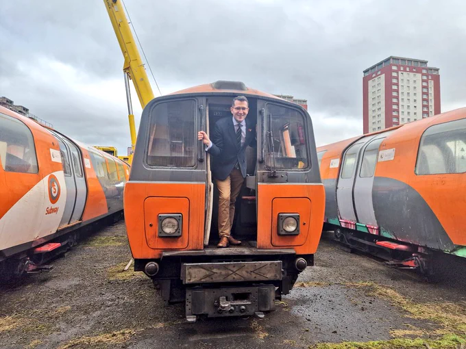 Paul Sweeney MSP on one of the Glasgow Subway cars
