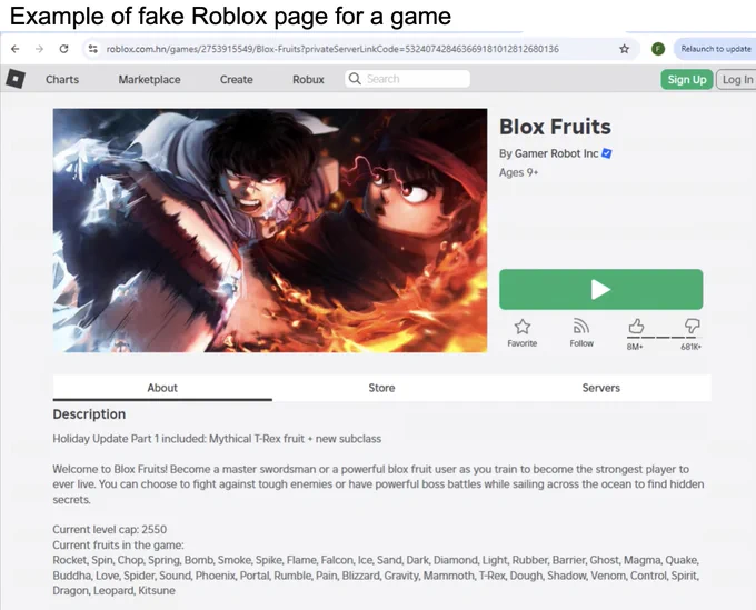 Example of fake Roblox page for a game. Screenshot from the Roblox game ‘Anime Fighters’ by Blox Fruits, depicting two anime-style characters engaging in a dynamic battle, set in a vividly illustrated environment. Includes tabs for About, Store, and Servers. 