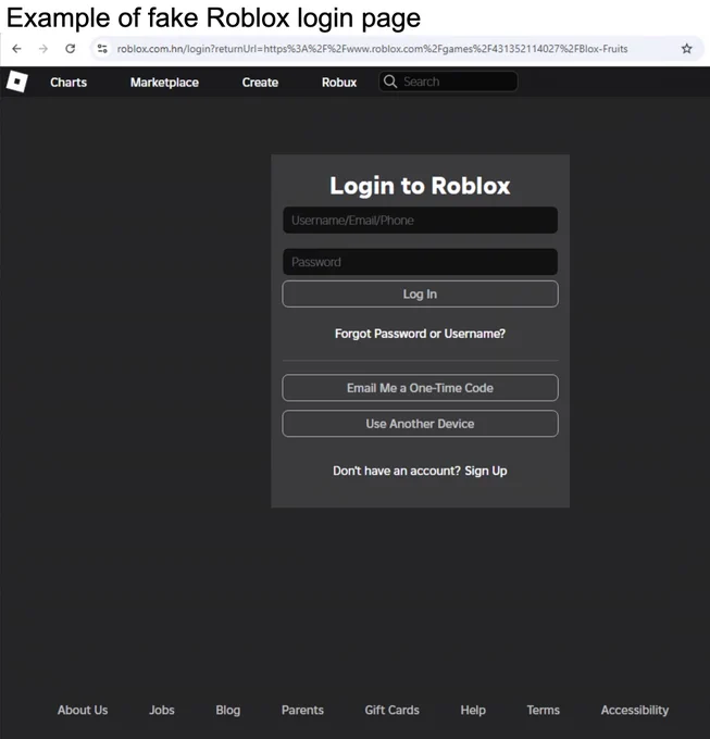 Example of a fake Roblox login page displaying fields for username/email/phone and password, with options for forgotten password and new account creation.