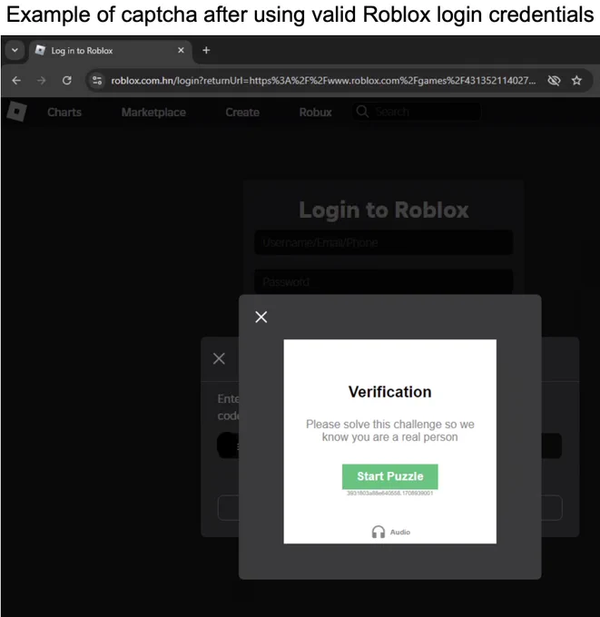 Screen capture of a Roblox login page with a verification challenge popup asking the user to confirm they are a real person.