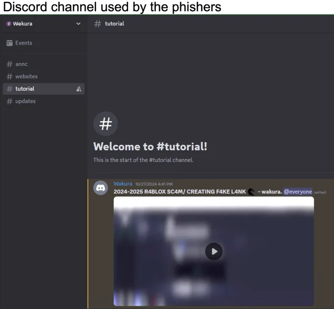 Discord channel used by the phishers. Screenshot of a Discord channel named 'Wakura' with a blurred background. The screen shows a text channel titled 'tutorial' with a message welcoming users to the '#tutorial' section, and a video attachment below the message. The interface includes icons for other channels. 