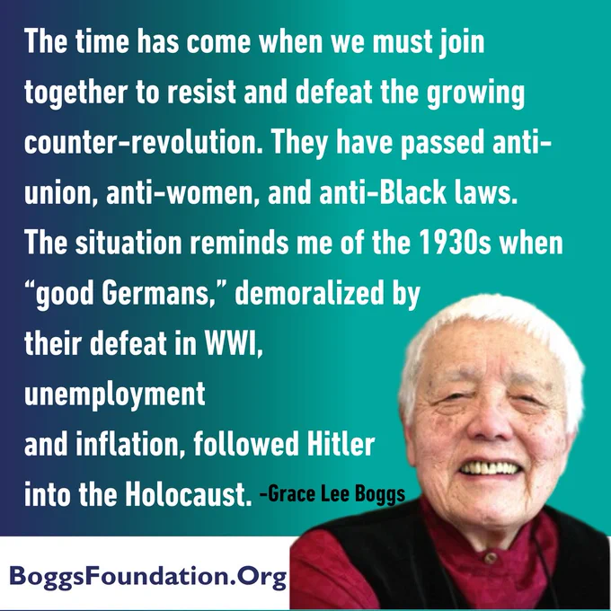 Green and blue background with quote in large white writing. A photo of Grace Lee Boggs smiling with short white hair.
