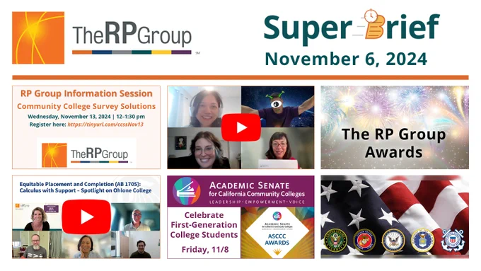 Mosaic of images for 11/6/2024 Super Brief. Images include The RP Group Information Session, mosaic of 4 people from a YouTube video, The RP Group Awards, mosaic of speakers from the Spotlight On Ohlone College webinar, Academic Senate for California Community Colleges' Celebrate First-Generation College Students and ASCCC Awards, and USA flag with the following seals: US Army, US Marine Corps, US Navy, Department of the Air Force, and US Coast Guard.