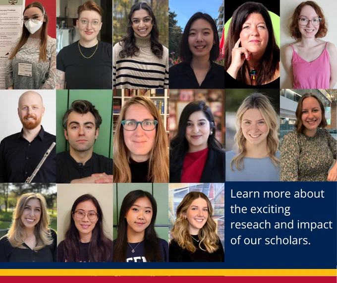 16 of our 17 Graduate Funding Recipients are pictured along with a statement in white text on a navy background that says "Learn more about the exciting research and impact of our scholars."