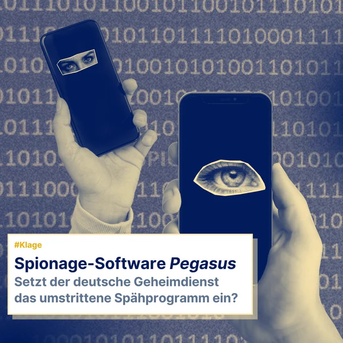 Zwei Hände halten Smartphones. Text auf Bild: Spionagesoftware Pegasus. Setzt der deutsche Geheimdienst das umstrittene Spähprogramm ein?