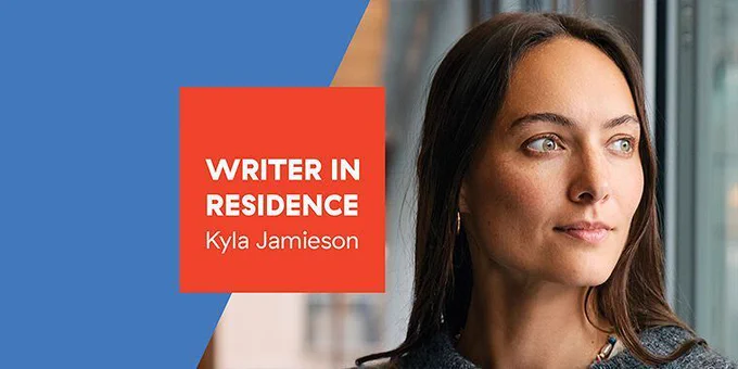 Photo of poet Kyla Jamieson, the 2024 VPL Writer in Residence. A red text box reads: Writer in Residence Kyla Jamieson