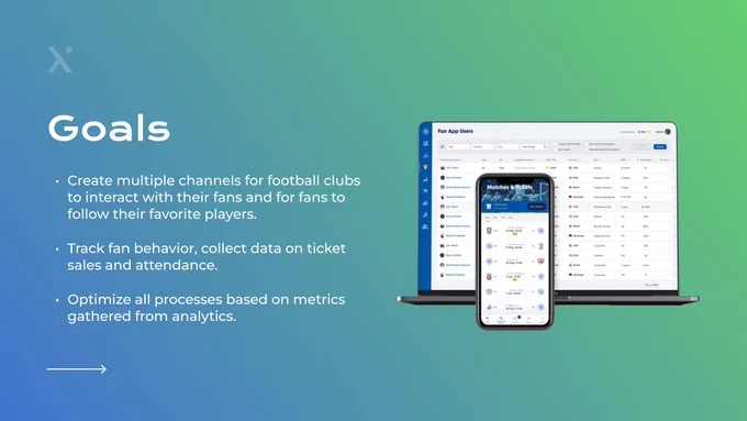 An image titled "Goals" with bullet points describing objectives for a fan loyalty program, including creating interaction channels, tracking fan behavior, and optimizing processes with analytics. The background features a gradient from blue to green, and a mockup of a fan app displayed on mobile and desktop screens.