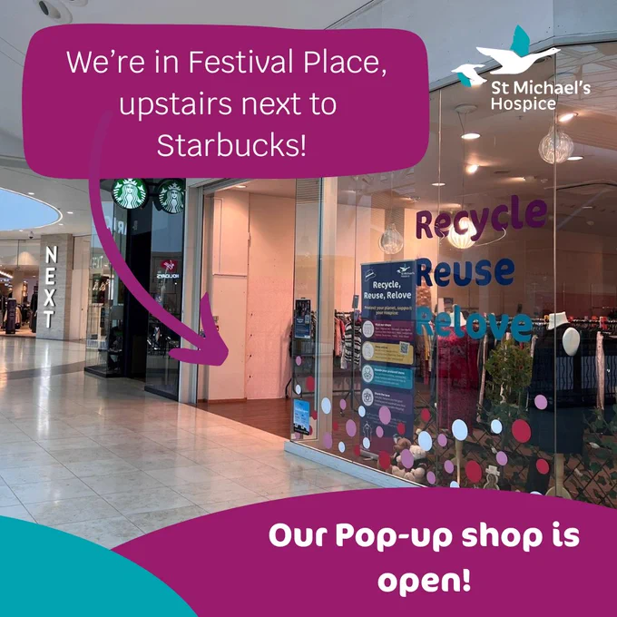 Image of the pop up shop in Festival place with the text: We're in Festival Place upstairs next to Starbucks.