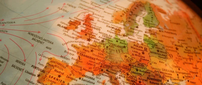 Close up photograph of a map of Europe on a globe.