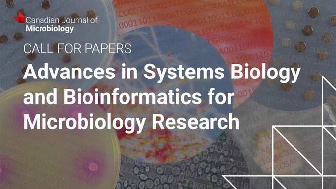 A graphic for the Canadian Journal of Microbiology's new collection. White text reads "CALL FOR PAPERS: Advances in Systems Biology and Bioinformatics for Microbiology Research" on a colourful background.