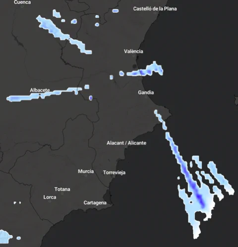 screenshots of weather monitors showing rain forming on flight paths from Spain