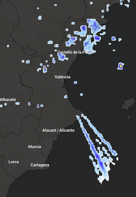 screenshots of weather monitors showing rain forming on flight paths from Spain