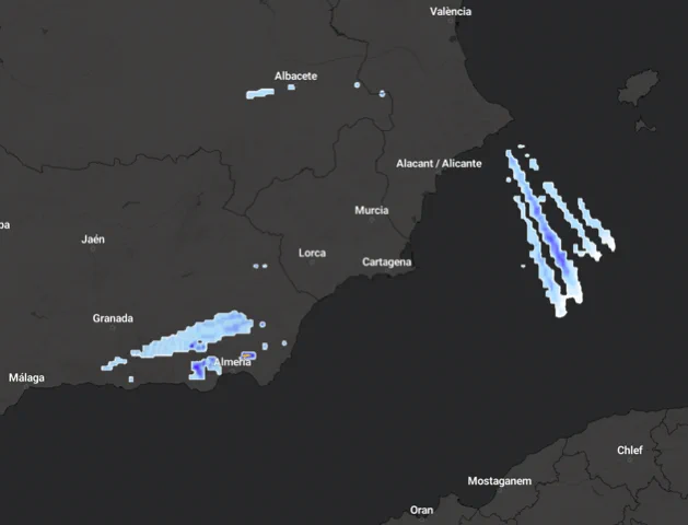 screenshots of weather monitors showing rain forming on flight paths from Spain
