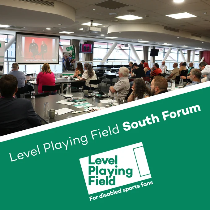 A room filled with people seated around tables, facing a projected screen at the front. The Level Playing Field logo is below and text reads: Level Playing Field South Forum