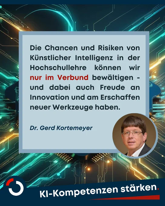 Zitatgrafik Dr. Gerd Kortemeyer

"Die Chancen und Risiken von Künstlicher Intelligenz in der Hochschullehre können wir nur im Verbund bewältigen - und dabei auch Freude an Innovation und am Erschaffen neuer Werkzeuge haben."