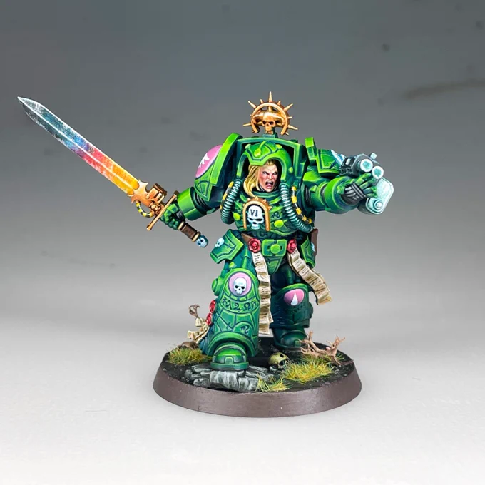 “Custom Painted Blood Angels Librarian in Terminator Armor - Unique Green Color Scheme | Warhammer 40K Miniature | Hand-Painted Blood Angels Librarian with Power Sword and Psyker Armor | Blood Angels Terminator Librarian with Green Armor”