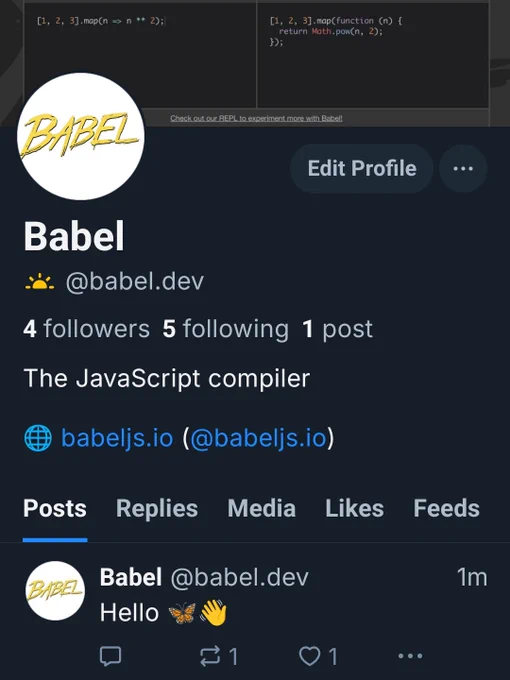 Screenshot of Babel's account on Bluesky, at @babel.dev
