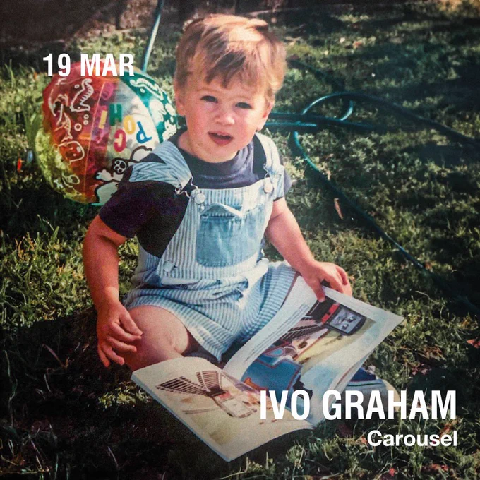 A photo of Ivo Graham as a child. Text reads "Ivo Graham Carousel 19 Mar"