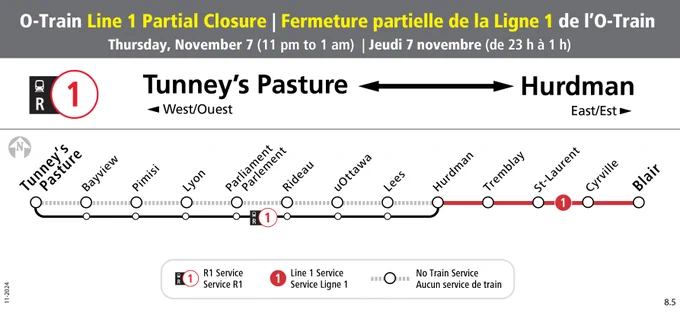 Map showing O-Train Line 1 and R1 bus service routing. 