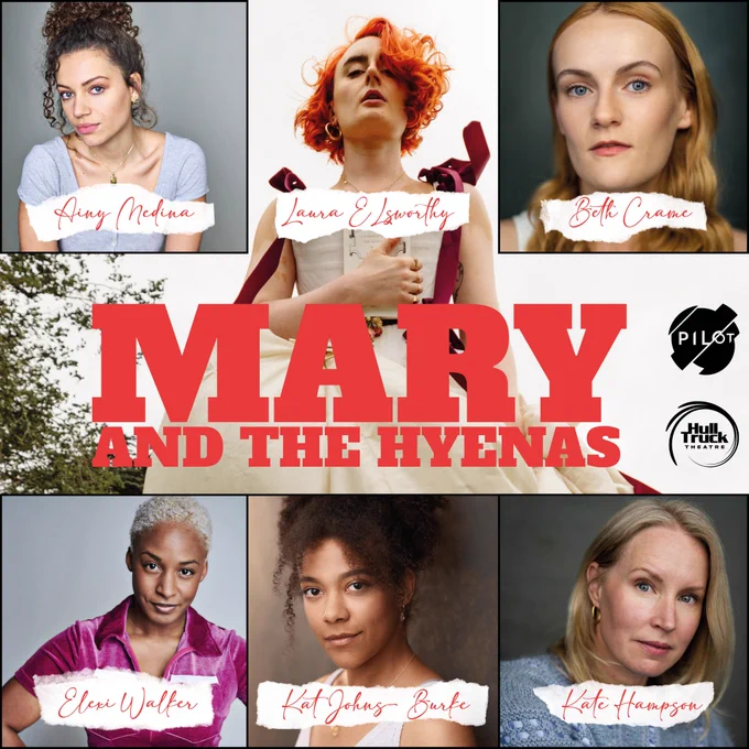 Actor Laura Elsworthy, dressed in a period style dress contrasted short orange hair is framed centrally. She clutches a copy of Mary Wollstonecraft’s ‘A Vindication of the rights of women’ to her chest. Cast headshots of five other actors are tiled around the image.