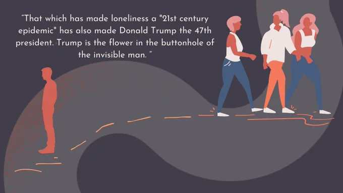 Illustration of a group of people walking along, talking. Way back on the same path a man stands with his back to them, looking dejected. The text reads: “That which has made loneliness a "21st century epidemic" has also made Donald Trump the 47th president. Trump is the flower in the buttonhole of the invisible man. ”