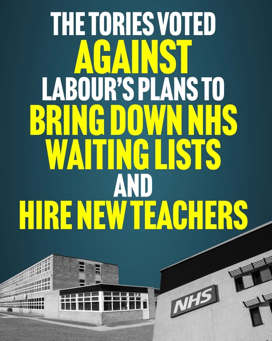 Image of a school and an NHS building

Text: The Tories voted against Labour’s plans to bring down NHS waiting lists and hire new teachers
