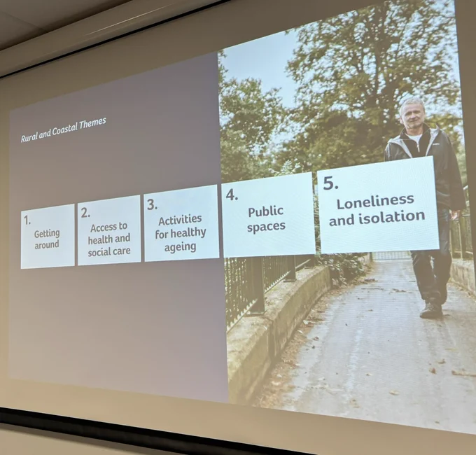 powerpoint slide with photo of older man walking outside, “Rural and coastal themes: 1. Getting around 2. Access to health and social care 3. Activities for healthy ageing 4. Public spaces 5. Loneliness and isolation”