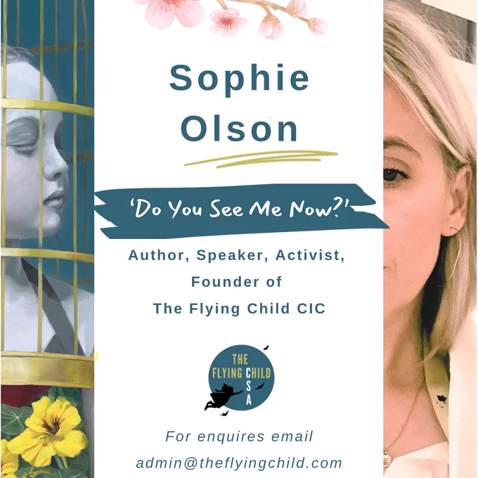 Sophie Olson ‘do you see me now?’ . A girl in a gilded cage is to the left and part of Sophie’s face to the right. Blossom is at the top - symbolising hope.