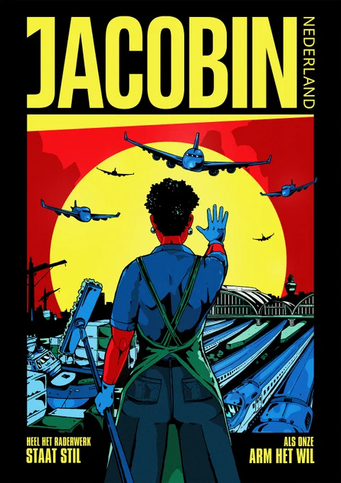 Cover Jacobin #2, variatie op de de prent getiteld 'Gansch het radarwerk staat stil, als uw machtig arm het wil'.