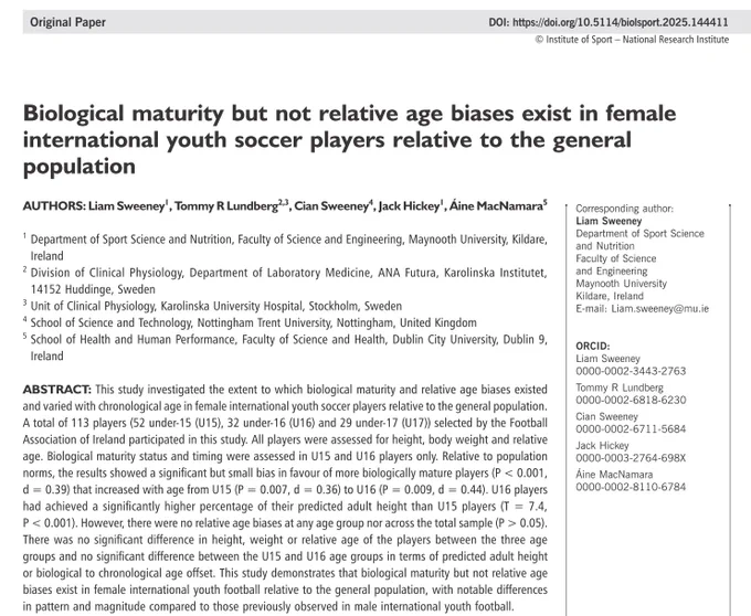 Sweeney L, Lundberg T, Sweeney C, Hickey J, MacNamara Á. Biological maturity but not relative age biases exist in female 
international youth soccer players relative to the general population. Biology of Sport. 2025;42(2):249-256. doi:10.5114/biolsport.2025.144411.