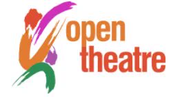 Abstract image with purple, orange, green and red depicting a person dancing, next to the words Open Theatre