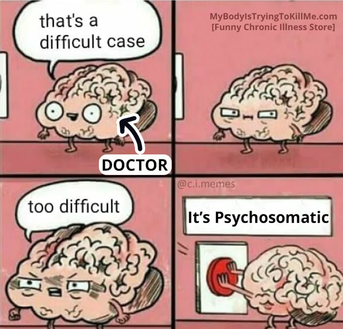 4 panel comic

1st panel: A pic of a brain, but he's the doctor. "that's a difficult case"

2nd panel: the doctor looking devious

3rd panel: the doctor says "too difficult"

4th panel: the doctor presses a big red button with 2 hands - the sign says "it's psychosomatic"