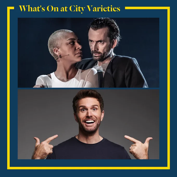 A blue background and a yellow border titled 'What's On at City Varieties' surrounds promotional images for Macbeth and Joel Dommett