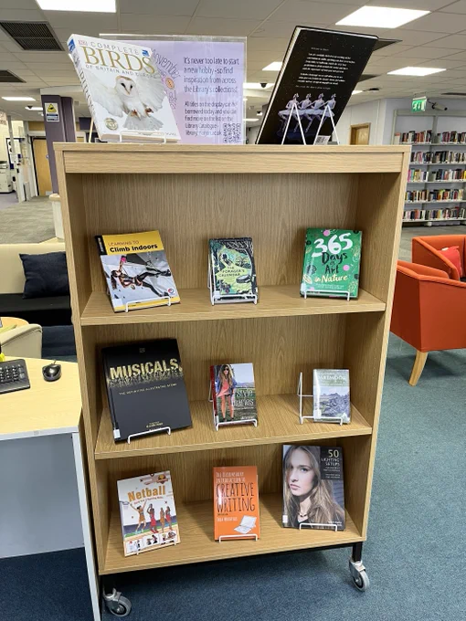 Display shelf of 10 books with their covers facing out, on the theme of hobbies and leisure for Non Fiction November.