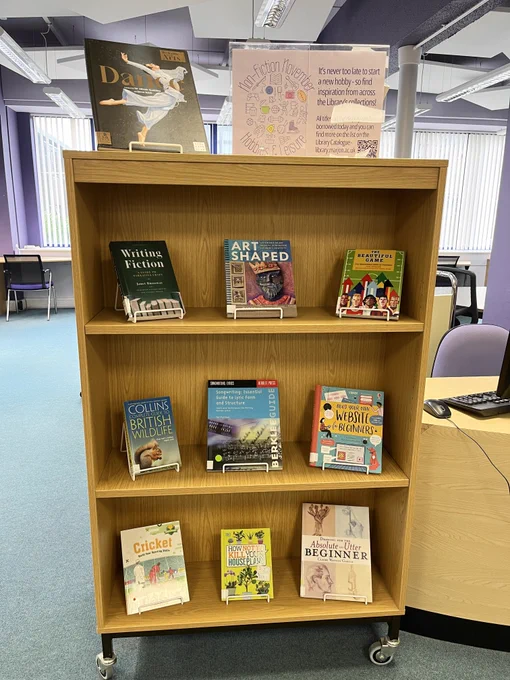 Display shelf of 10 books with their covers facing out, on the theme of hobbies and leisure for Non Fiction November.