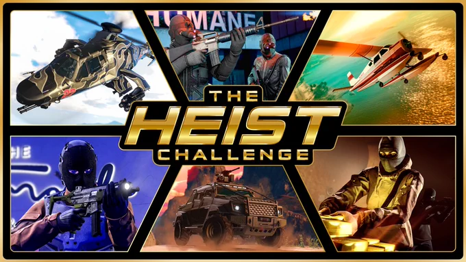 The Heist Challenge poster with various scenes happening, including armed characters during a heist and different vehicles. 