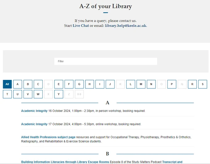 Screenshot from the A-Z of your Library.