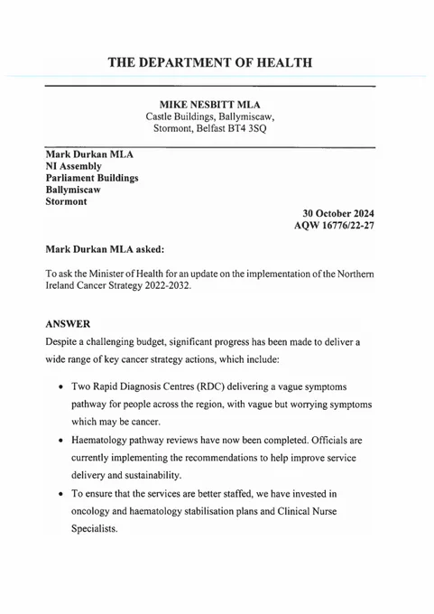 Letter from the Health Minister to Mark H Durkan MLA. For a copy, please email policy@cancerfocusni.org.