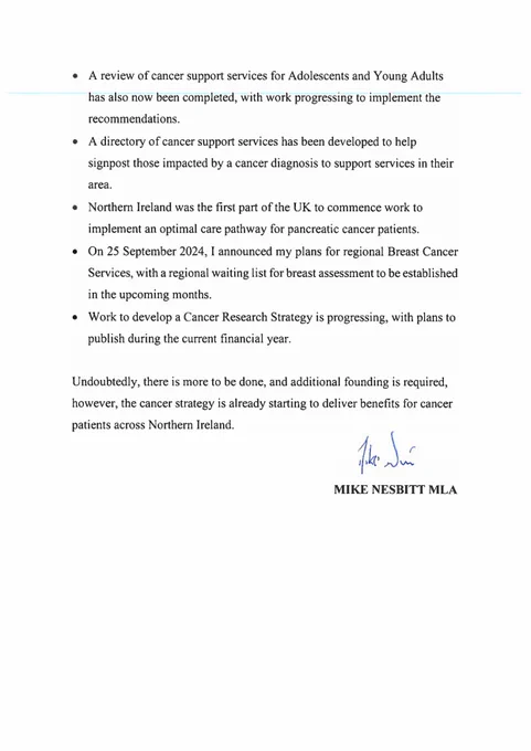 Letter from the Health Minister to Mark H Durkan MLA. For a copy, please email policy@cancerfocusni.org.