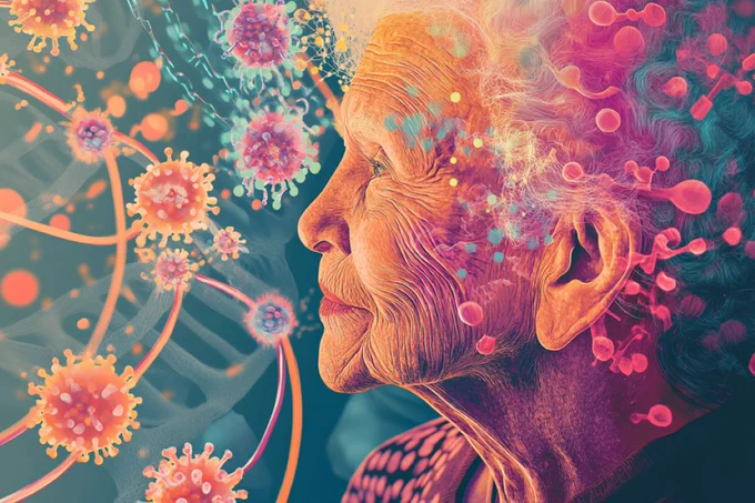 This shows an older woman and bacteria.