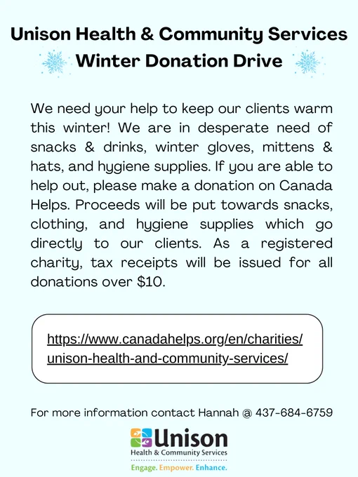 Unison Health & Community Services hosts a winter donation drive, encouraging community support and charitable contributions.