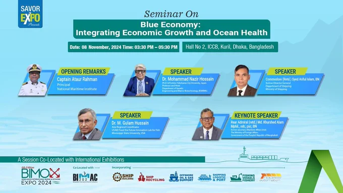 A poster showing five speakers for the seminar. These speakers are Captian Ataur Rahman, Dr. Mohammed Nazir Hossain, Commodore Syed Ariful Islam, Dr. M. Gulam Hussain, and Rear Admiral Md. Khurshed Alam Mphil.