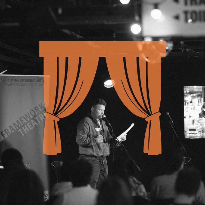Black and white grainy image of a performer at Framework Festival 2024 with a symbol for theatre curtains.