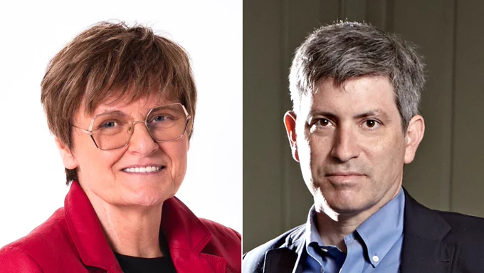 Headshots of Katalin Kariko and Carl Zimmer
