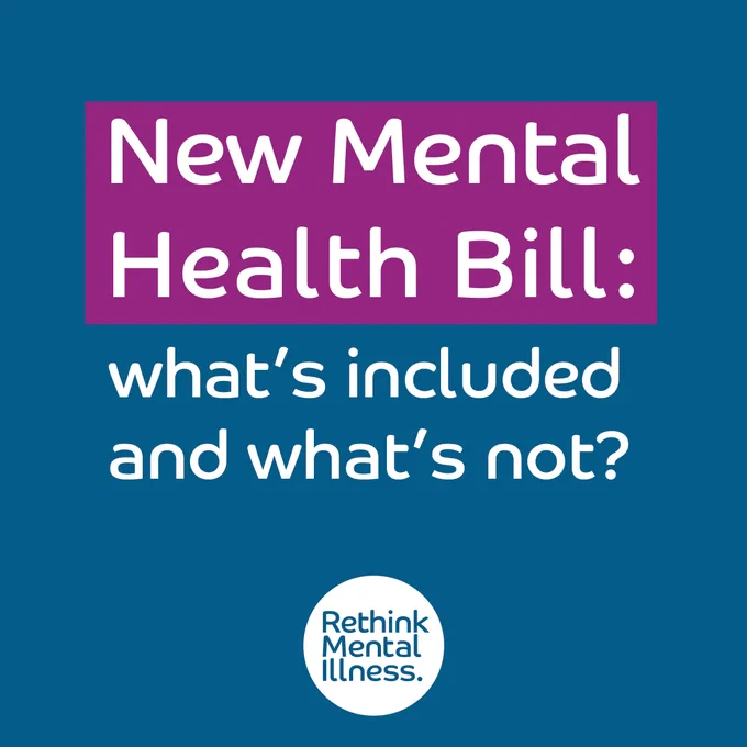 Graphic image featuring text that reads 'New Mental Health Bill: what’s included and what’s not?' on a purple background, with the Rethink Mental Illness logo at the bottom.